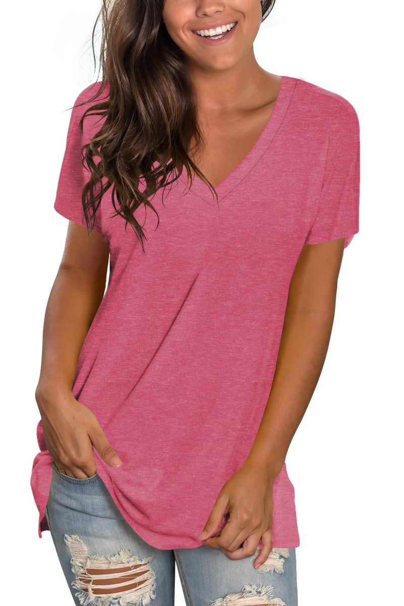 Sipaya Womens T Shirts Short Sleeve Flowy Tops Summer Solid Color Trendy Clothes Red L - Image 1